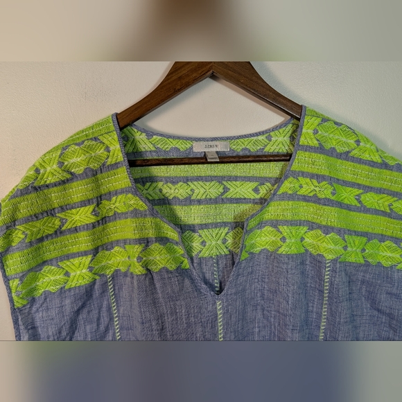 J.Crew Embroidery Neon Green Blue Chambray Linen Mini Cover Up Dress - Picture 3 of 10